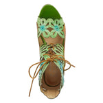 Load image into Gallery viewer, birds-eye view of the l&#39;artiste osocool sandal. This sandal is an open toe high heel with green and blue floral cutouts through out the upper. The upper goes up to the ankle and has a lace up closure. The sandal also features tan edging and a closed back.
