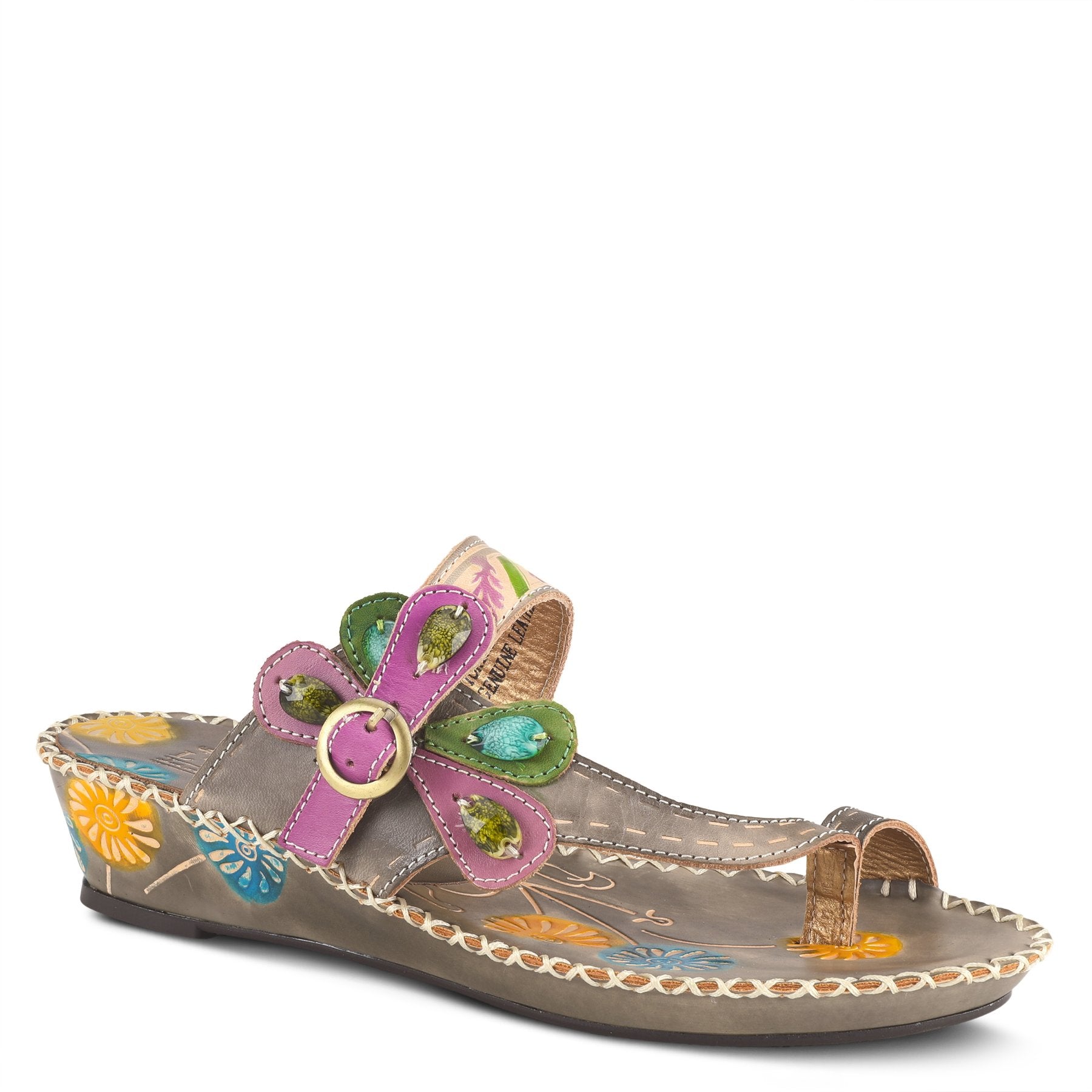 Outer front side of the l'artiste santorini slide sandal. This sandal is grey with colorful flowers painted all over the sole, a toe-ring thong, and an adjustable buckle strap.