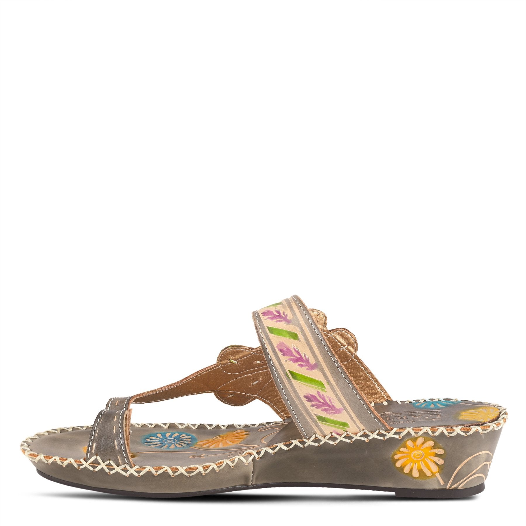 Inner side of the l'artiste santorini slide sandal. This sandal is grey with colorful flowers painted all over the sole, a toe-ring thong, and an adjustable buckle strap.