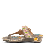 Load image into Gallery viewer, Inner side of the l&#39;artiste santorini slide sandal. This sandal is grey with colorful flowers painted all over the sole, a toe-ring thong, and an adjustable buckle strap.
