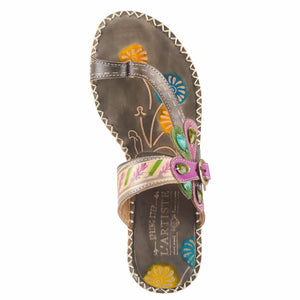 Birds-eye view of the l'artiste santorini slide sandal. This sandal is grey with colorful flowers painted all over the sole, a toe-ring thong, and an adjustable buckle strap.