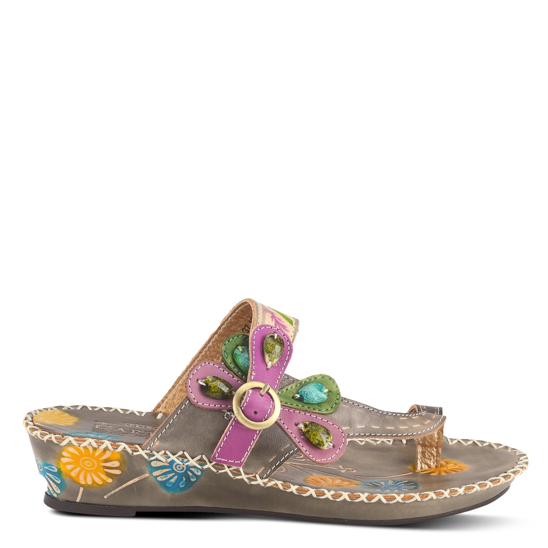 Outer side of the l'artiste santorini slide sandal. This sandal is grey with colorful flowers painted all over the sole, a toe-ring thong, and an adjustable buckle strap.