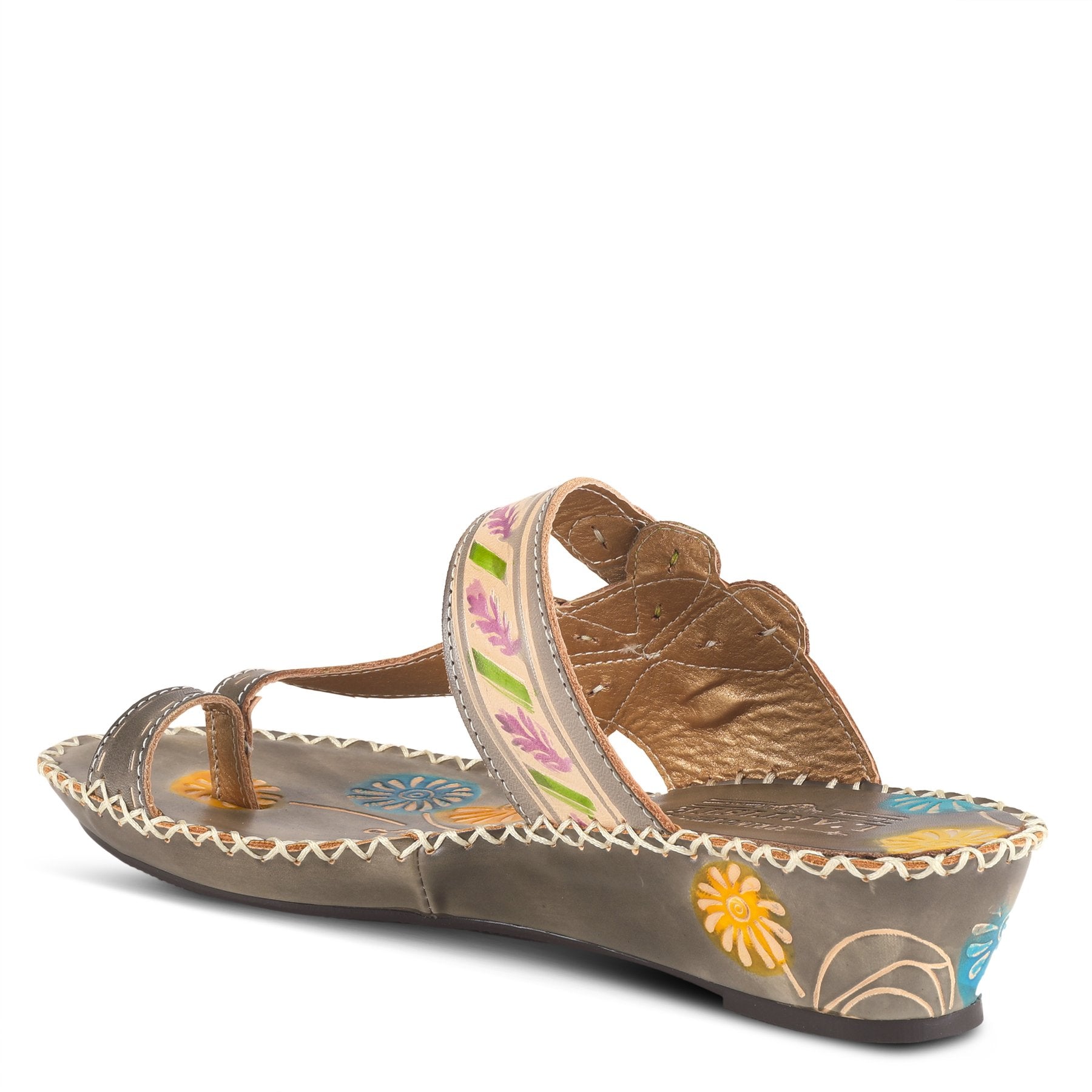 Outer back side of the l'artiste santorini slide sandal. This sandal is grey with colorful flowers painted all over the sole, a toe-ring thong, and an adjustable buckle strap.