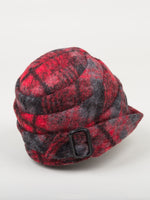 Load image into Gallery viewer, Right side view of a the lillie &amp; cohoe iconic prints lexi hat. This has has red and grey plaid and a tiered/folded crown. The right side of the hat has a decorative black buckle.
