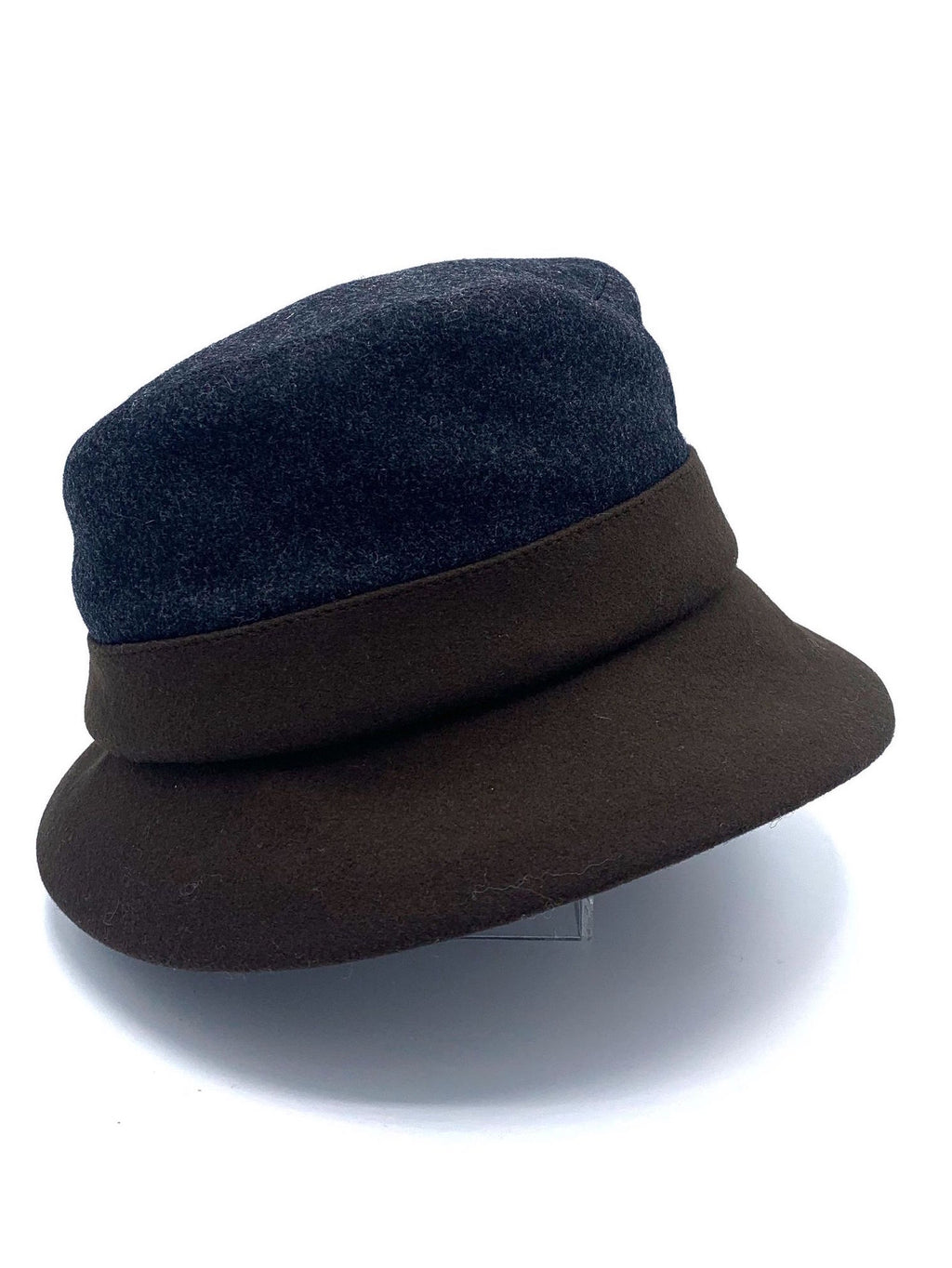 right side view of the lillie & cohoe midnight/brown wool classic alexa hat. This hat is midnight blue on the top and dark brown on the bottom. The hat has a flat brim.