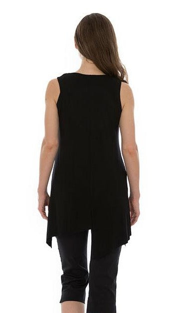 Back top half view of the Luukaa Half Mesh Tank. This tank is black with an asymmetrical pointed hem that sits below the hips.