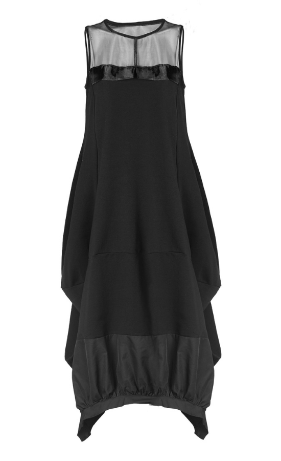 Front view of the luukaa long sleeveless dress. This dress is black with a tulle neckline and a structured fabric hem. The dress balloons out near the bottom.
