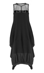 Load image into Gallery viewer, Front view of the luukaa long sleeveless dress. This dress is black with a tulle neckline and a structured fabric hem. The dress balloons out near the bottom.
