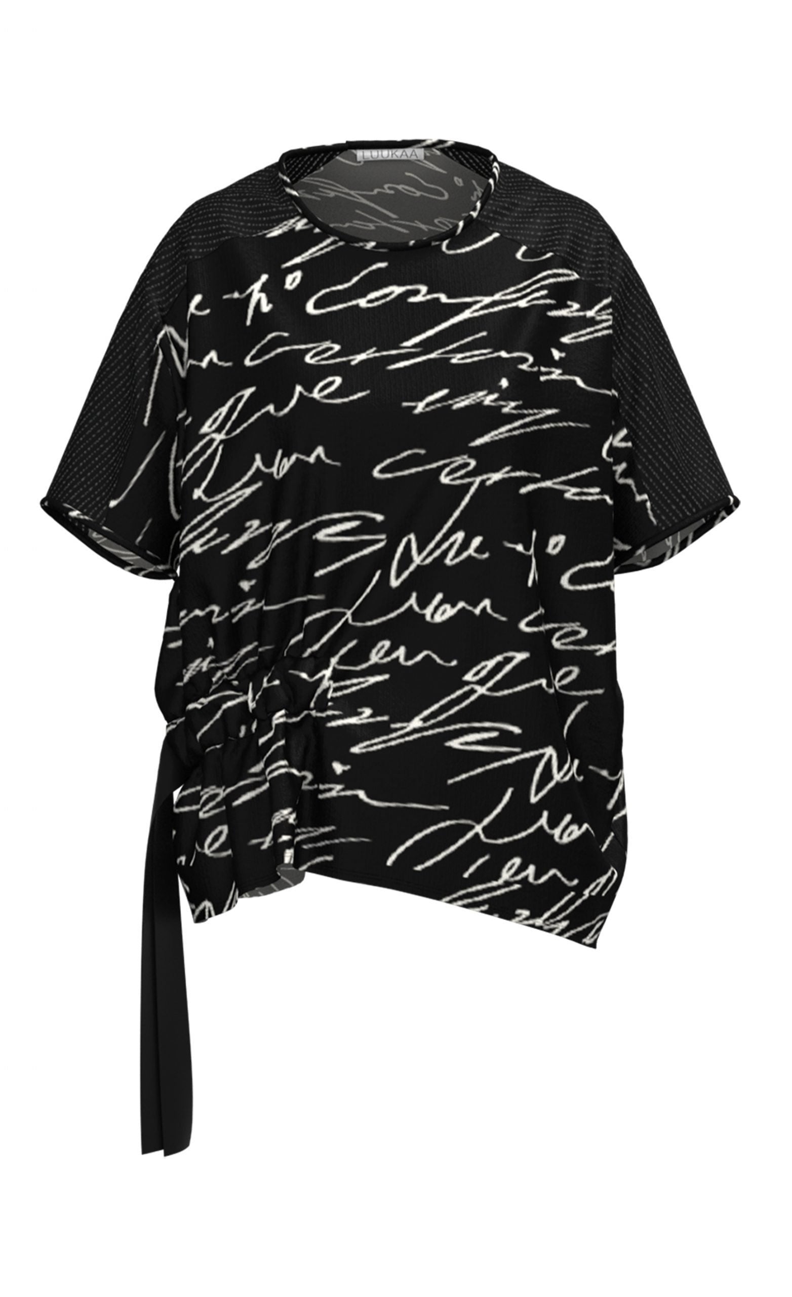 Front view of the luukaa scribble top in black. This black top has white handwriting all over it, a side adjustable belt that can be tied, and elbow length sleeves.