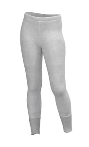 Front view of the luukaa stone leggings. These leggings are light grey. They are pull on and have mesh trim on the bottom.