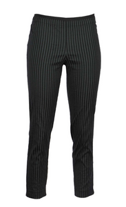 Front view of the luukaa striped lycra pant. This slim pant has a cropped cut and grey and black vertical striping.
