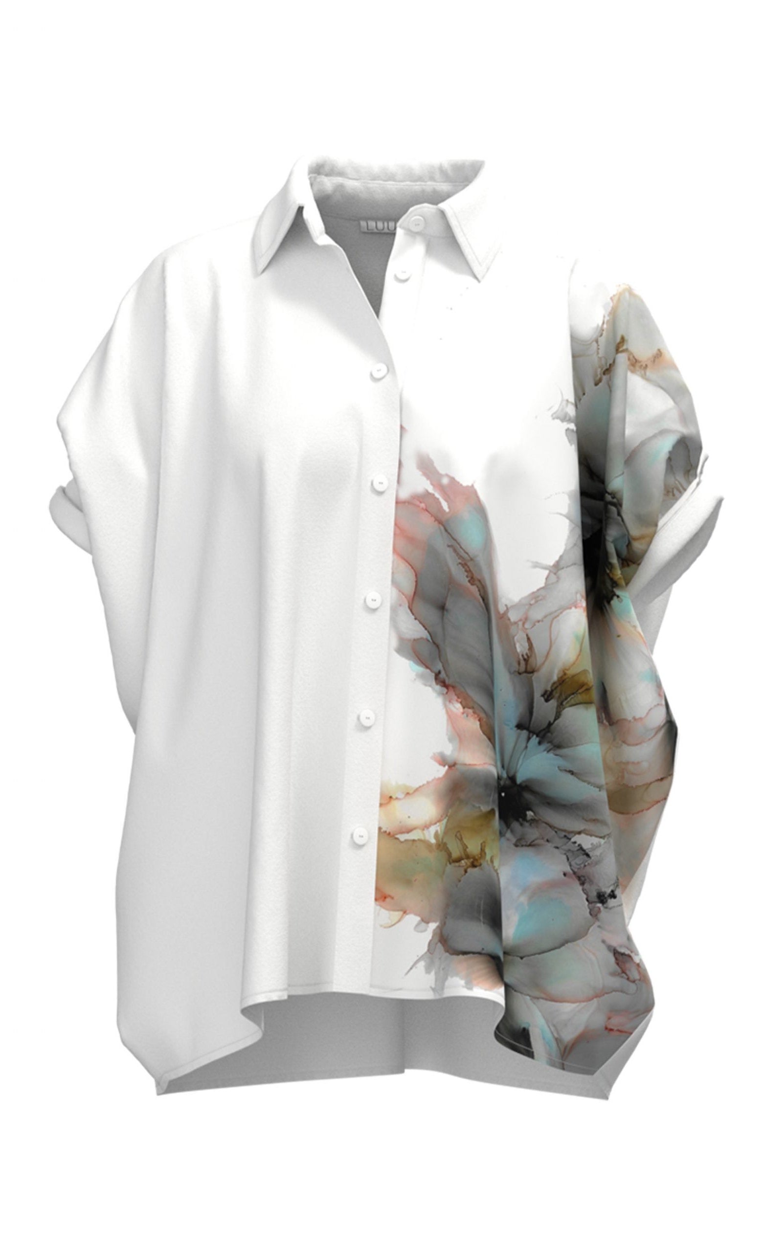 Front view of the Luukaa Watercolor Shirt. This shortsleeve, white shirt has a button down front and shirt collar. The left side of the shirt has a watercolor print on it.