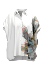 Load image into Gallery viewer, Front view of the Luukaa Watercolor Shirt. This shortsleeve, white shirt has a button down front and shirt collar. The left side of the shirt has a watercolor print on it.
