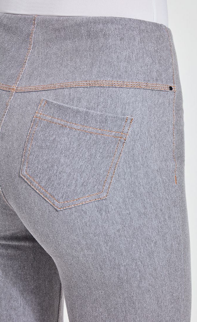 Close up view of the back right pocket of the grey Lysse Boyfriend Denim pant.