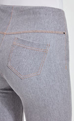 Load image into Gallery viewer, Close up view of the back right pocket of the grey Lysse Boyfriend Denim pant.
