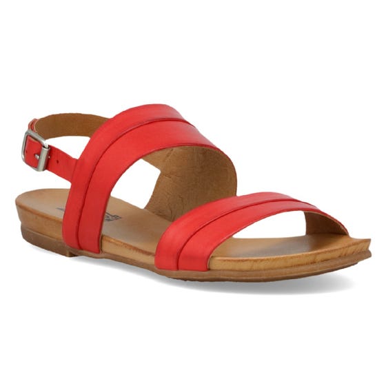 outer front side view of the miz mooz avenue sandal in scarlet. This sandal has two straps and an ankle strap with a buckle.