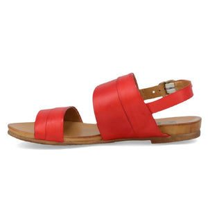 Inner side view of the miz mooz avenue sandal in scarlet. This sandal has two straps and an ankle strap with a buckle.