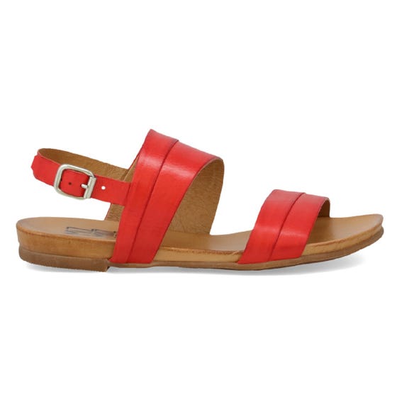 outer side view of the miz mooz avenue sandal in scarlet. This sandal has two straps and an ankle strap with a buckle.