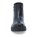 Load image into Gallery viewer, front view of the miz mooz lass boot. This boot is in black and has a wedge heel. 
