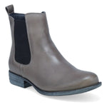 Load image into Gallery viewer, Outer front side view of the miz mooz lewis bootie in the color graphite/grey. This flat bootie has black elastic gores on the side and a pull tab on the back.
