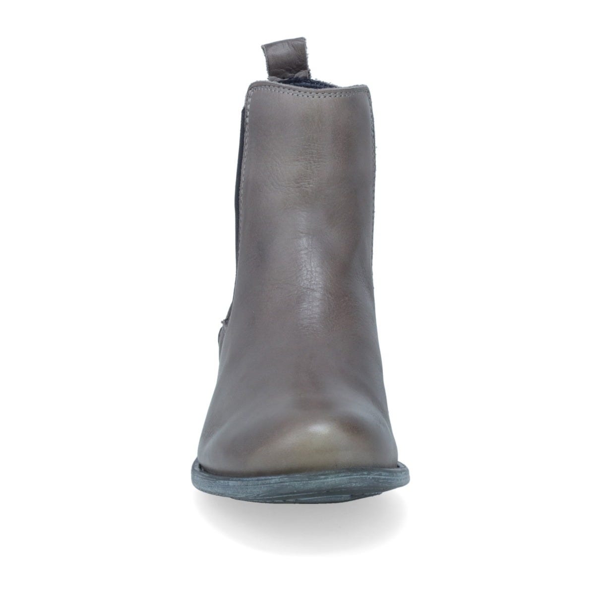 Front view of the miz mooz lewis bootie in the color graphite/grey. This flat bootie has black elastic gores on the side and a pull tab on the back.