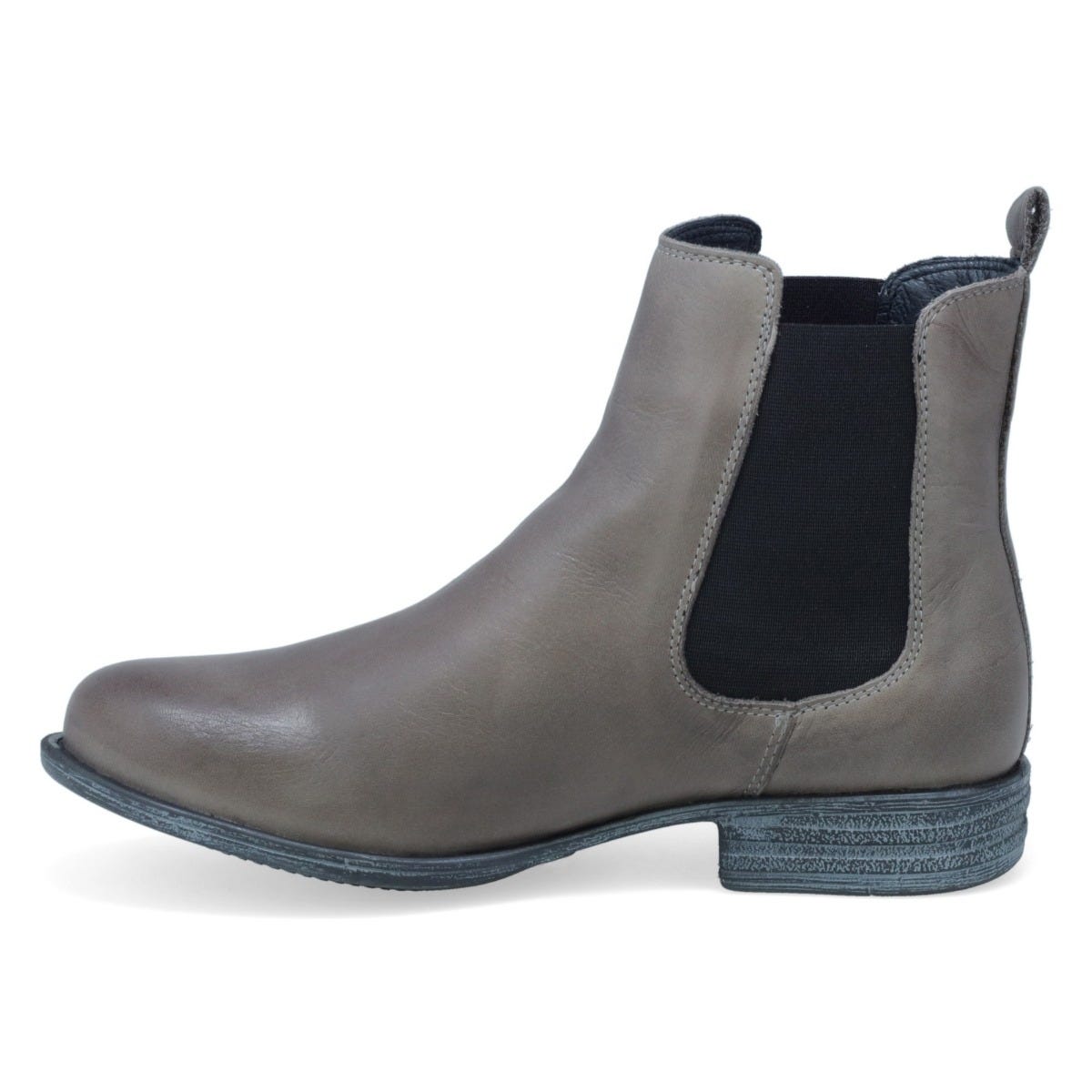 Inner side view of the miz mooz lewis bootie in the color graphite/grey. This flat bootie has black elastic gores on the side and a pull tab on the back.