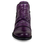 Load image into Gallery viewer, Front view of the miz mooz luna bootie in a deep dark purple color. This flat bootie has a zipper on each side and decorative zipper trim around the front and back opening for the foot.
