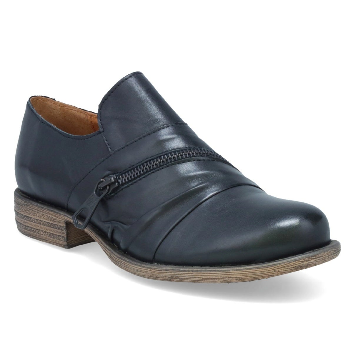 Outer front view of the miz mooz lyric oxford shoe. This flat shoe is a slip on. It is black with a decorative zipper over the instep.