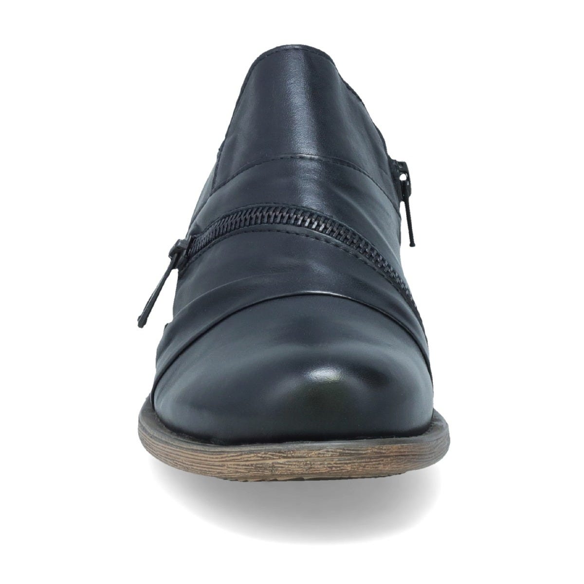 Front view of the miz mooz lyric oxford shoe. This flat shoe is a slip on. It is black with a decorative zipper over the instep.