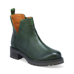 Load image into Gallery viewer, outer side front view of the miz mooz poolie bootie in the color kiwi (green). This bootie has an outer side cut out, and inner side zipper, and a lug sole.
