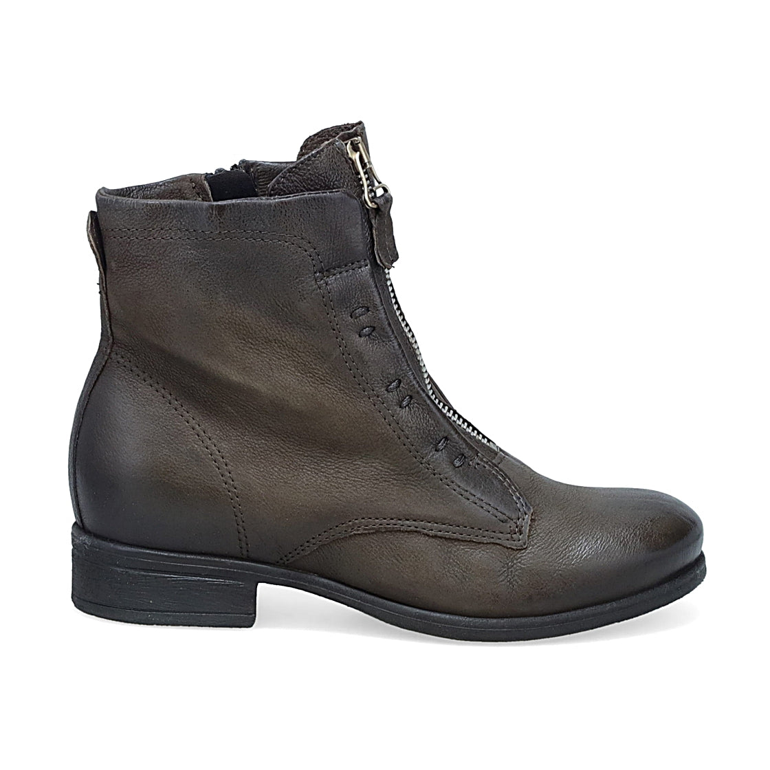 Outer side view of the miz mooz story ash ankle boot. This boot is grey with a slightly raised heel, a front zipper, and stitched detailing.
