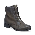 Load image into Gallery viewer, Outer front side view of the miz mooz story ash ankle boot. This boot is grey with a slightly raised heel, a front zipper, and stitched detailing.
