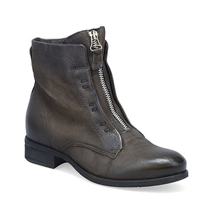 Outer front side view of the miz mooz story ash ankle boot. This boot is grey with a slightly raised heel, a front zipper, and stitched detailing.