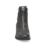 Load image into Gallery viewer, Front view of the miz mooz story ash ankle boot. This boot is grey with a slightly raised heel, a front zipper, and stitched detailing.
