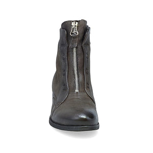 Front view of the miz mooz story ash ankle boot. This boot is grey with a slightly raised heel, a front zipper, and stitched detailing.