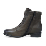 Load image into Gallery viewer, Inner side view of the miz mooz story ash ankle boot. This boot is grey with a slightly raised heel, a front zipper, an inner zipper, and stitched detailing.
