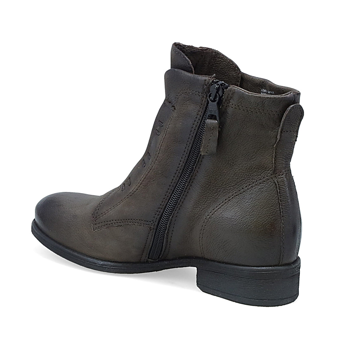 Inner side view of the miz mooz story ash ankle boot. This boot is grey with a slightly raised heel, a front zipper, and stitched detailing.