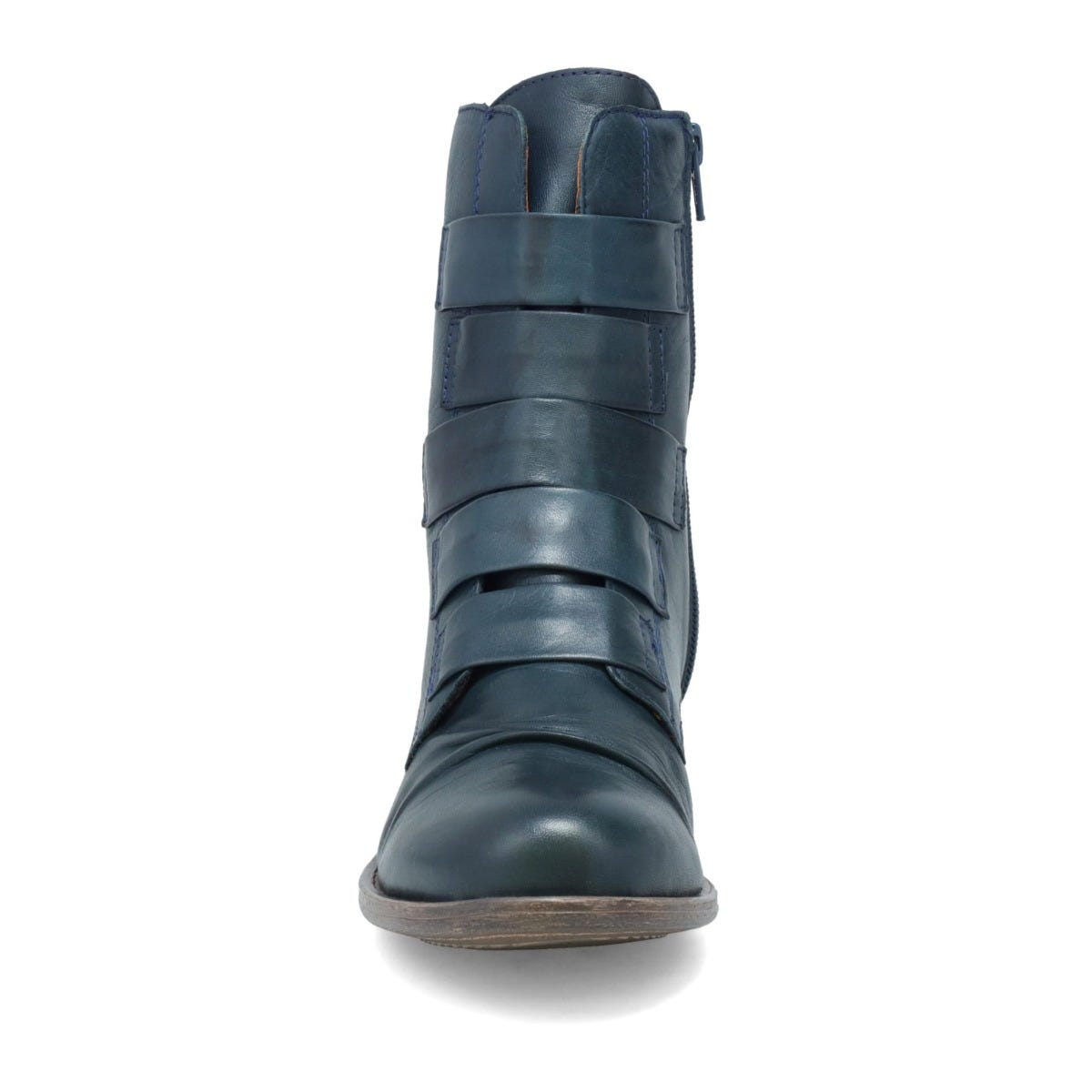 Front view of the miz mooz leighton boot. This boot is ocean (dark blue) colored. It is slightly taller than ankle height and has decorative straps all along the front.