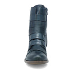 Load image into Gallery viewer, Front view of the miz mooz leighton boot. This boot is ocean (dark blue) colored. It is slightly taller than ankle height and has decorative straps all along the front.
