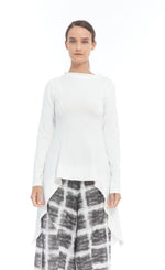 Load image into Gallery viewer, Front top half view of a woman wearing the mxmatthidlur lana top in white. This top has long sleeves, longer sides, and a high boat neck.
