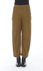 Load image into Gallery viewer, Front bottom half view of a woman wearing the mxmatthildur roxanne pant in the color mustard and black. This striped pant has a relaxed barrel leg and a minor drape at the bottom.
