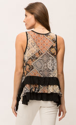 Load image into Gallery viewer, Back top half view of a woman wearing the Mystree Sleeveless Ruffle Hem Top. This tank top has a mixed floral print on the back with black and floral print ruffles on the hem.

