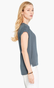 Right side top half view of a woman wearing the Nic+Zoe Eaze V Tee. This tee is slate and has short sleeves and a v-neck.
