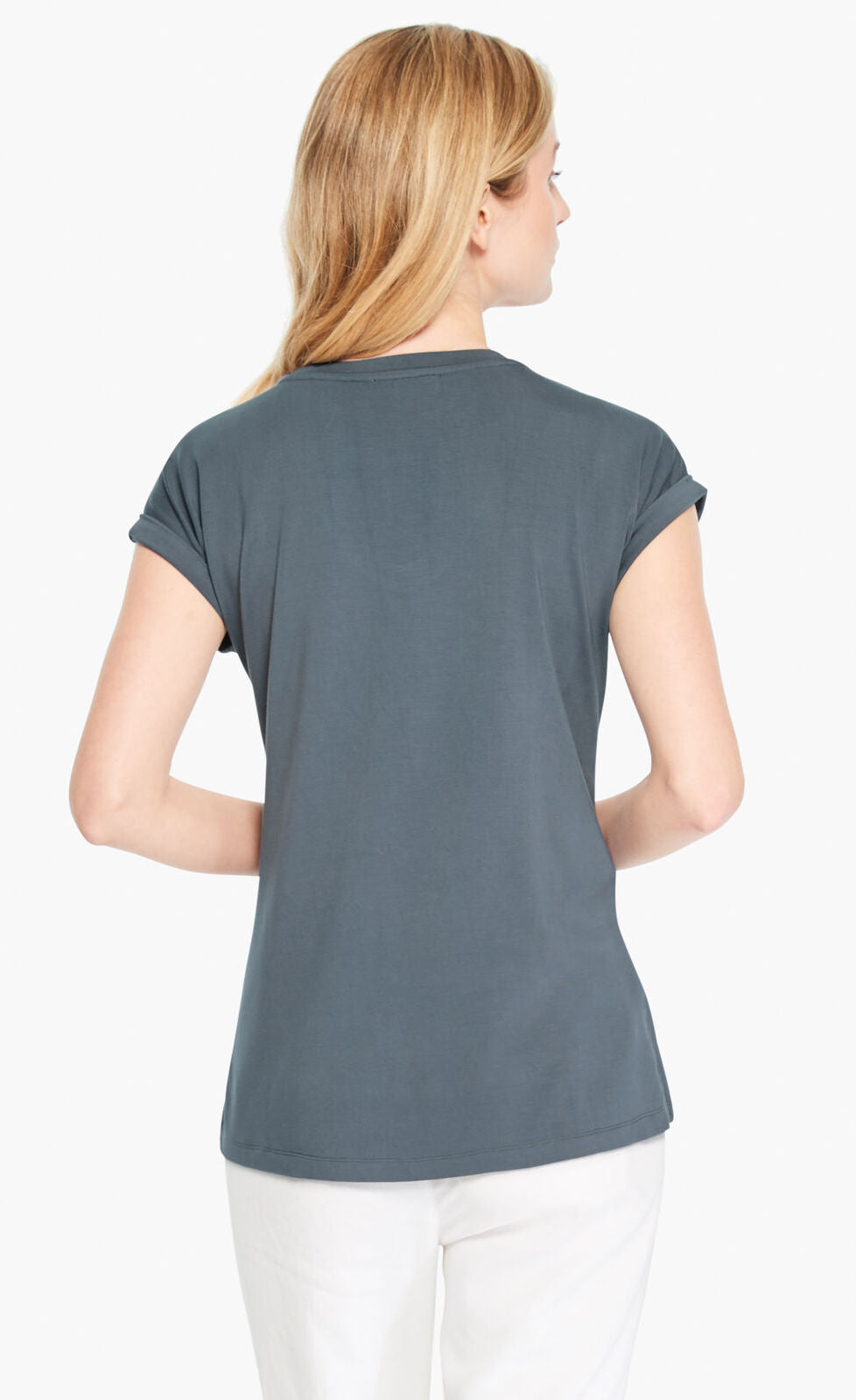 Back top half view of a woman wearing the Nic+Zoe Eaze V Tee. This tee is slate and has short sleeves.