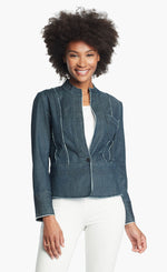 Load image into Gallery viewer, Front, top half view of a woman wearing white pants and the Nic + Zoe Favorite Denim Jacket. The dark denim jacket features frayed stiching, a single front button, and a short stand collar.
