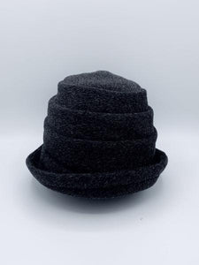 Front view of the lillie & cohoe beatrice hat. This hat is grey with a tiered/folded crown and a rounded brim.