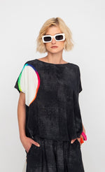 Load image into Gallery viewer, front top half view of a woman wearing the ozai n ku orbits top in black multi. 
