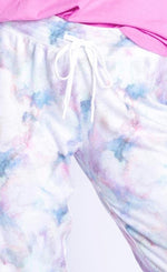 Load image into Gallery viewer, Front, close up view the waistband of the PJ Salvage Marble Banded pant. This pant has a soft pink and blue marble pattern and a white tie-waistband.
