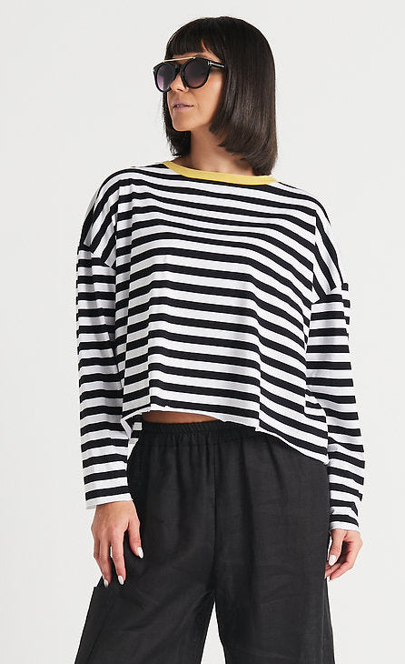 front top half view of the planet border stripe mini boxy tee. This top is black and white striped with long sleeves and a yellow border neckline.