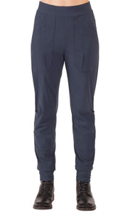 Front view of the porto fan club pant. This black pant is a jogger with large side pockets and a wide waistband.